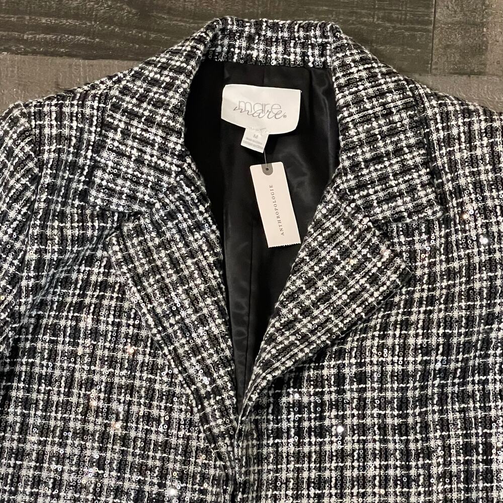 Anthropologie Mare Mare Sequin Tweed Coat Plaid Women’s M Black White New - Picture 9 of 16